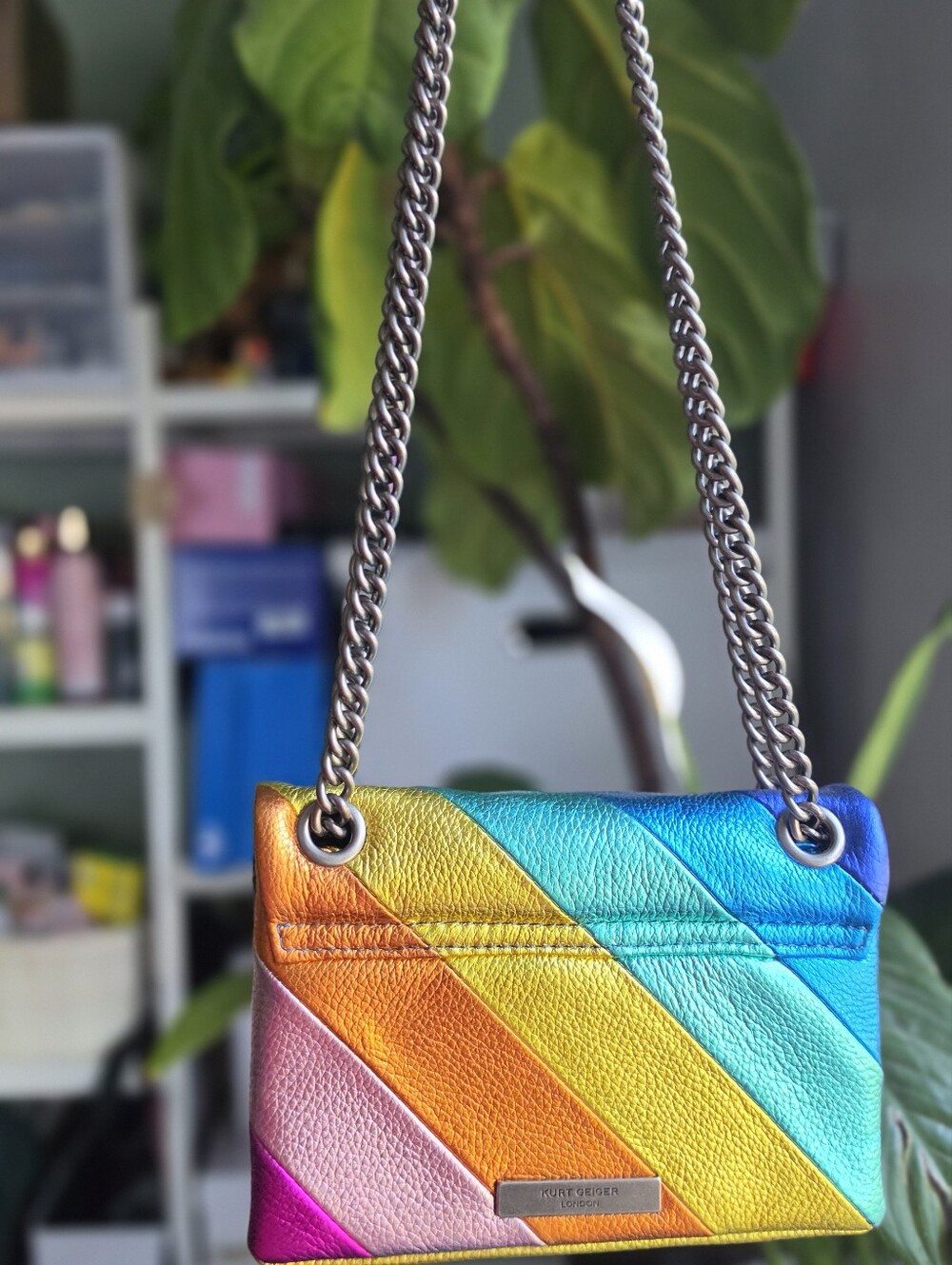 Kurt Geiger Rainbow Chevron Leather Crossbody Bag - Pink Purple Blue Teal Yellow - Picture 3 of 12
